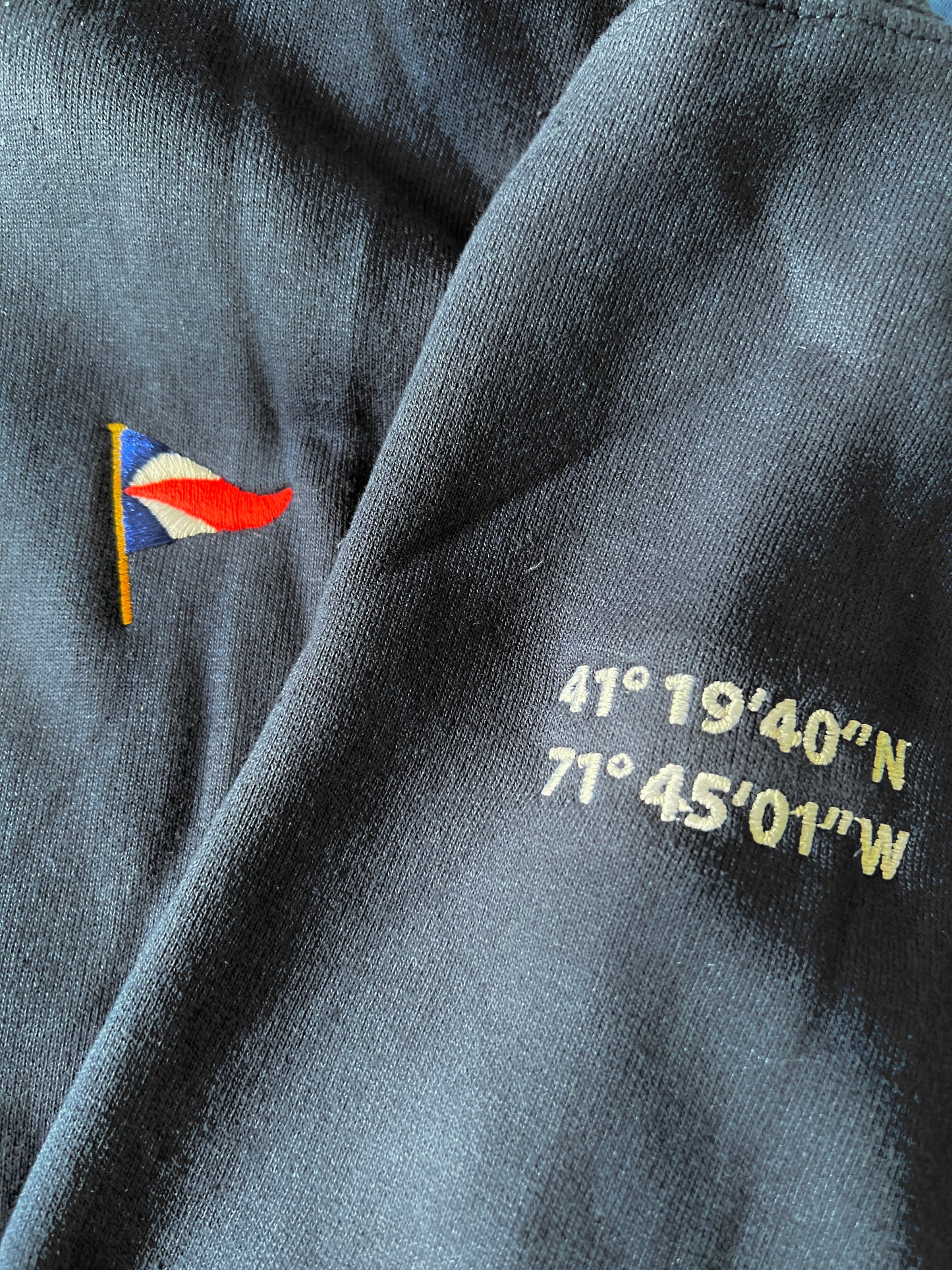 Kids Youth Hoodie Sweatshirt with Embroidered Burgee and Longitude Latitude Navy Blue